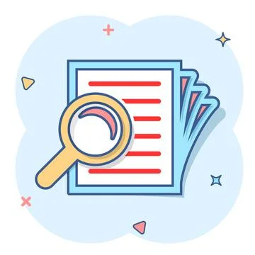Scrutiny document plan icon in comic style. Review statement vector cartoon i Stock Illustration