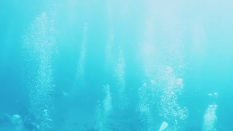 Scuba diver air bubbles rising gracefully toward the blue water surface Stock Footage 346531680