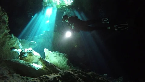 SCUBA Diver Ascends Through LIght Rays in Underground Cave, 4K Stock Footage 88022114