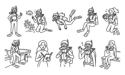 Scuba diver characters set, people wearing diving gear line underwater Illustrazione stock