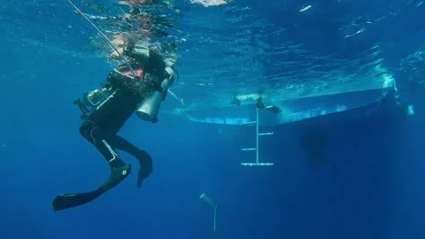 Scuba diver climbing ladder onto diving boat, next diver waiting for his turn Vídeos de archivo 327459316