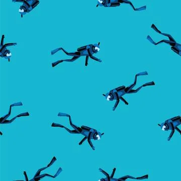 Scuba diver diving under water in blue sea seamless pattern. Diving in ocean and Stock Illustration
