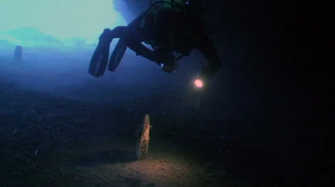 Scuba diver examines big shell in underwater cave Stock Footage 43216372