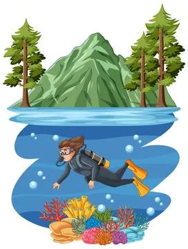 Scuba Diver Exploring Coral Reef Below Mountain Landscape Vector Illustration イラスト素材