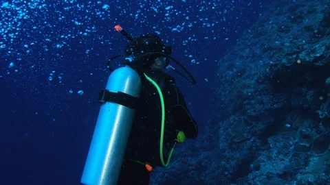Scuba diver exploring Ribbon Reefs, Great Barrier Reef, Australia. Slow motion,  Stock Footage 113282211