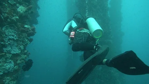 Scuba diver exploring under a jetty Stock Footage 94162200