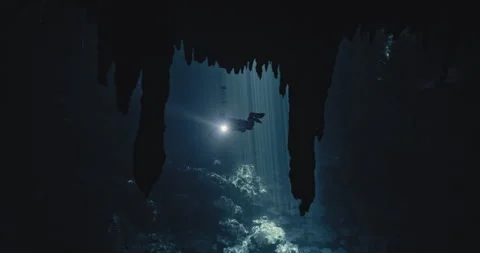 A Scuba Diver with a Flashlight in a cave Stock Footage 270125654