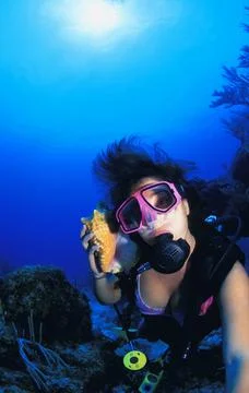 Scuba Diver Holding Up Shell Foto stock