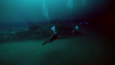 Scuba diver hovering above cenote floor Stock Footage 341358742