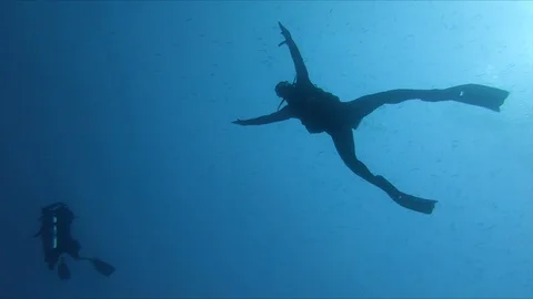 Scuba Diver Levitating in Blue Ocean Stock Footage 102292222