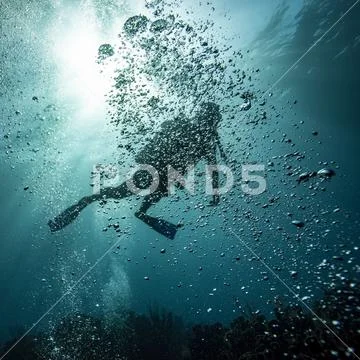 Scuba diver obscured by bubbles underwater at the dive site Blue Channel, Roatan Stock Photos