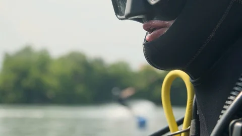 Scuba diver preparing to dive. Portrait of a scuba diver with all of the Stock Footage 112787478