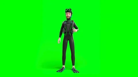 Scuba Diver Preparing for Underwater Exploration in Green Screen Background Vidéo 314431494