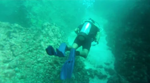 Scuba diver rock reef Pacific Ocean Mexico HD 0064 Stock Footage 12527331