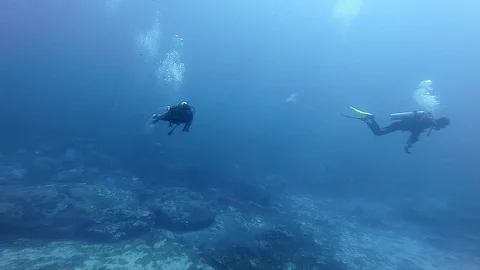 SCUBA diver spin turn around in clear deep sea water Stock Footage 116611607