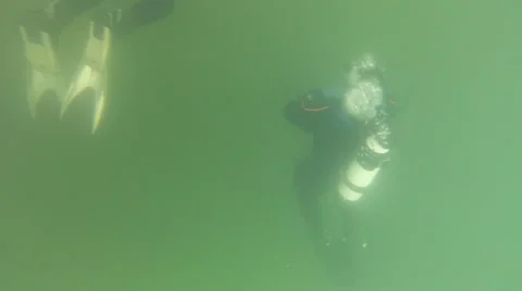 Scuba diver swims through ring near other diver in river underwater Stock Footage 64817916