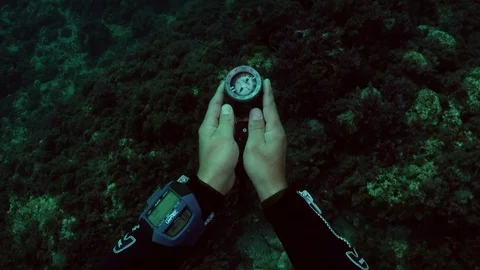 Scuba diver using compass to navigate underwater Stock Footage 70821701