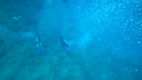 Scuba diver waves hands and makes a back roll underwater 2 Video stock 137835196