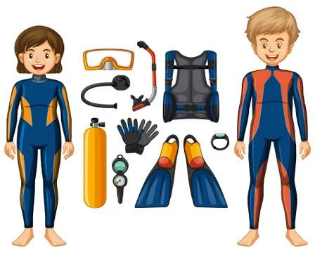 Scuba divers and different equipments Stock Illustration