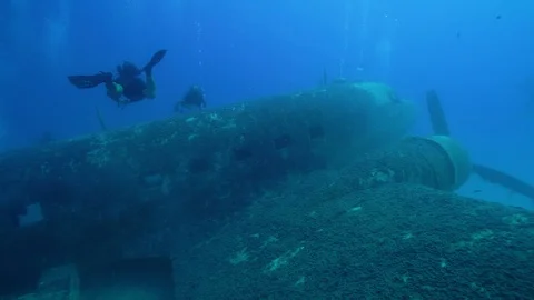 Scuba Divers are Around The Plane Wreck Stock Footage 124064695