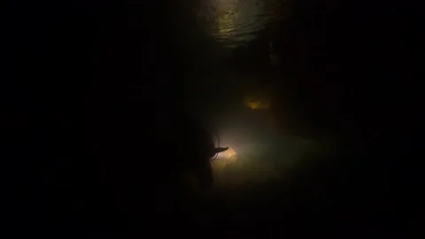 Scuba Divers are Going in Total Darkness Underwater Stock Footage 143694828
