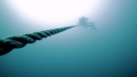 Scuba divers descending down a long rope from a boat into the ocean Stock Footage 80439639