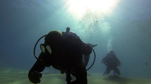 Scuba Divers descending Stock Footage 157992399