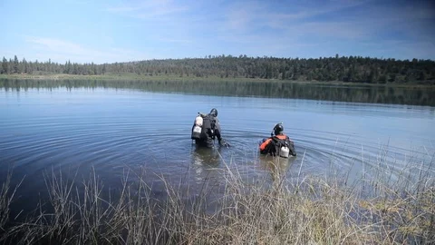 Scuba Divers Explore Lake 3 Shots Prores Stock Footage 113211199