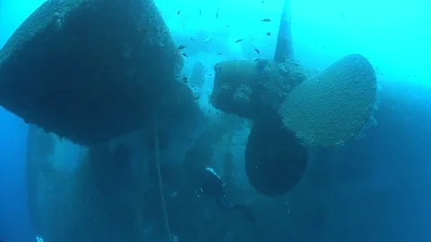 SCUBA divers exploring  propellers of the shipwreck Zenobia, underwater, Cyprus Stock Footage 82755971