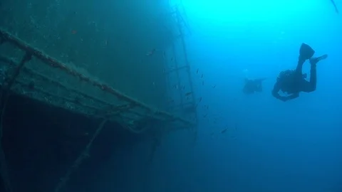 SCUBA divers exploring  the shipwreck Zenobia, underwater, Cyprus Stock Footage 82754943