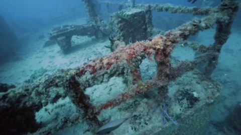 Scuba divers exploring the the USS Spiegel Grove wreck Stock Footage 80432269