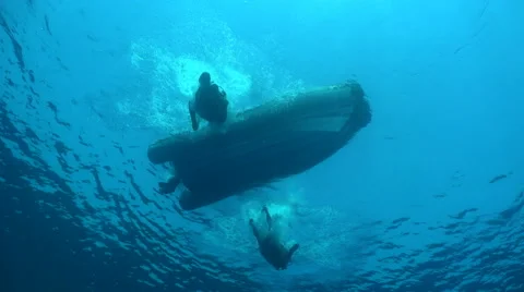 Scuba divers jumping from a dive boat - view from underwater Video stock 58449026