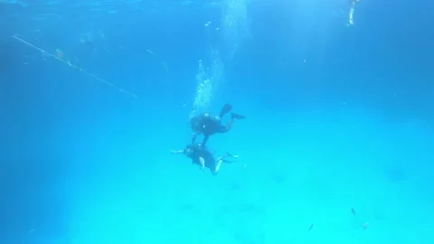 Scuba divers lessons in transparent red sea in blue underwater. Stock Footage 168095649