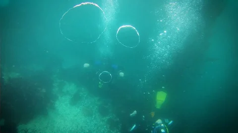 Scuba Divers Make Bubble Rings Stock Footage 129102313