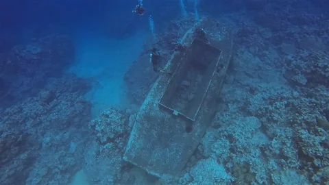 Scuba Divers Scuba Diving Underwater Shipwreck Sunken In Deep Blue Sea Stock Footage 113573286