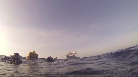 Scuba Divers At The Sea Surface At Sunset Stock Footage 42158414