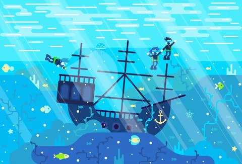 Scuba divers on the seabed explore an ancient sunken boat Stock Illustration