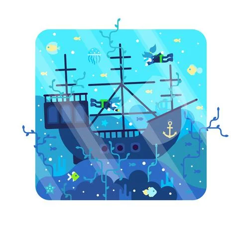 Scuba divers on the seabed explore wrecked boat. litlte girl and boy underwater Stock Illustration