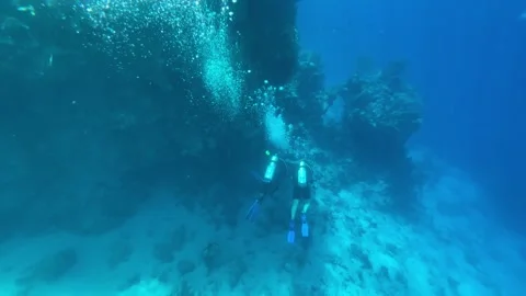 Scuba divers swim deep in clear blue sea releasing bubbles as they explore coral Stock Footage 317086620