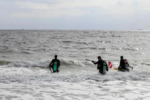 Scuba Divers Walking into the Ocean Stock Photos