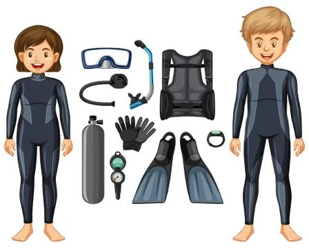 Scuba divers in wetsuit and different equipments Stock Illustration
