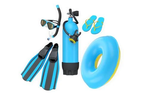 Scuba diving and beach gear set with flippers, snorkel, air tank, flip-flops, イラスト素材