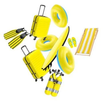 Scuba diving and beach gear set with flippers, snorkel, air tank, flip-flops 스톡 일러스트