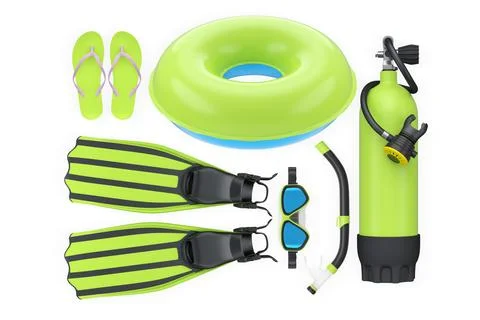 Scuba diving and beach gear set with flippers, snorkel, air tank, flip-flops 스톡 일러스트