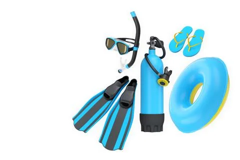 Scuba diving and beach gear set with flippers, snorkel, air tank, flip-flops, 스톡 일러스트