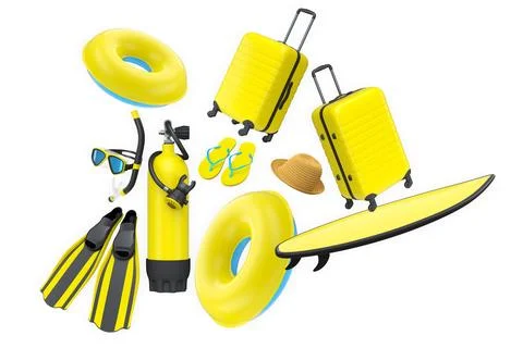 Scuba diving and beach gear set with flippers, snorkel, air tank, flip-flop.. 스톡 일러스트