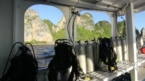 Scuba diving boat deck equipment Stock Footage 10747507