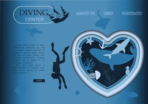 Scuba diving, deep diving and marine life cut out of paper. Vector underwater Stock Illustration