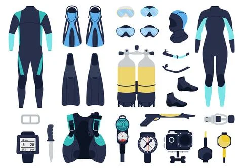 Scuba diving equipment. Divers suits, underwater shoes and masks. Snorkeling Stock Illustration