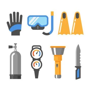 Scuba diving gear flat icon set. Gloves, mask, snorkel, fins, air tank, press Stock Illustration